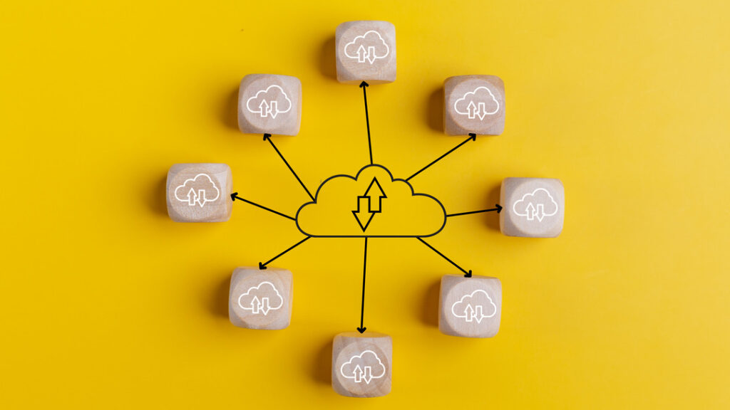 A diagram of cloud storage is made using blocks on a yellow background